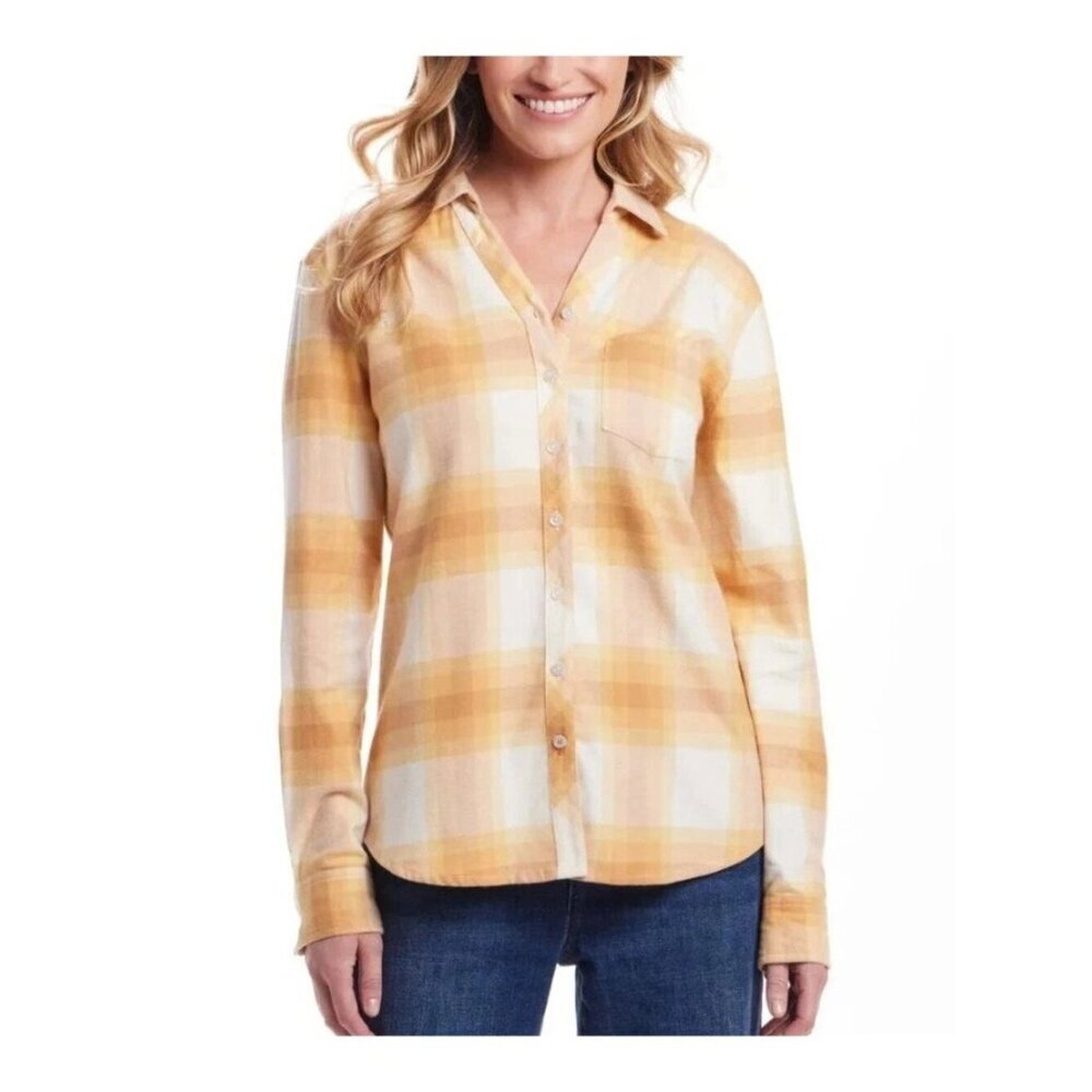 NWT Weatherproof Vintage Women's XL Yellow Plaid Button-Up Shirt Flannel Stretch